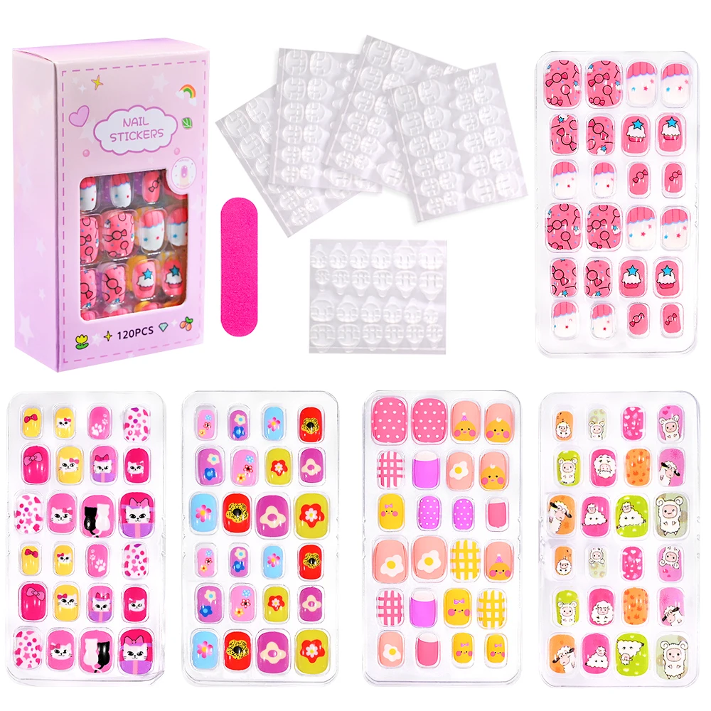 Top Trends: 120 / 24pcs Cartoon Full Cover Kids Candy False Nail Tips Festival Child Cute Short Fingernail Press On Fake Nails For Little Girl Shoppable Styles