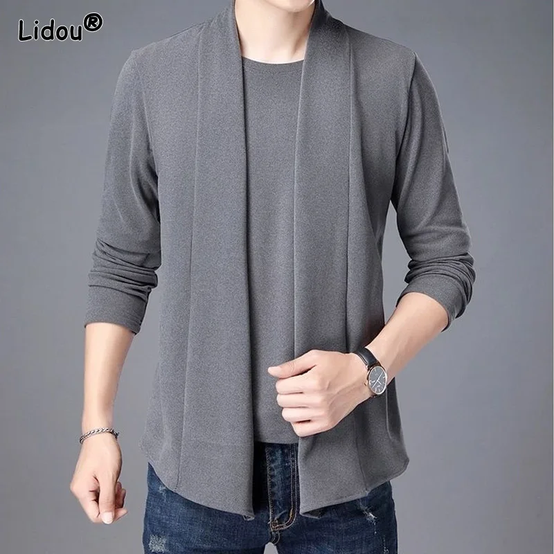 Top Trends: Spring Autumn Black Grey Knitted Cardigan Slim Handsome Double Faced Velvet Open Stitch Short Keep Warm Tops Skin Friendly Shirt Shoppable Styles