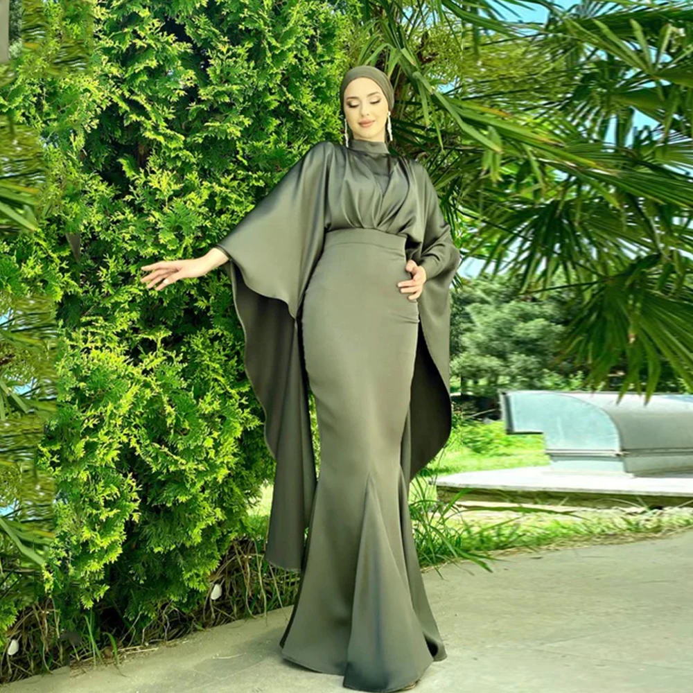 Top Trends: Green Evening Dresses Modern 2023 Full Sleeves High Collar Prom Gowns Satin Mermaid Floor Length Empire فساتين مناسبة حسب الطلب Shoppable Styles