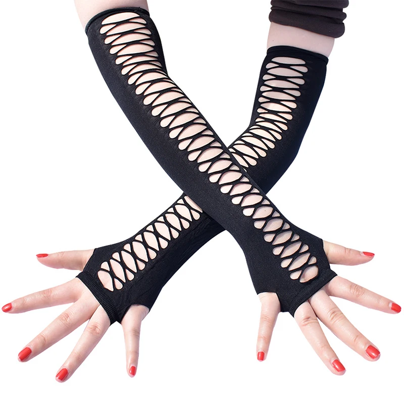 Top Trends: Women Elbow Length Punk Gloves Elastic Fingerless Gloves Touch Screen Mittens Cutout Cross Mesh Gloves Cosplay Party Costumes Shoppable Styles