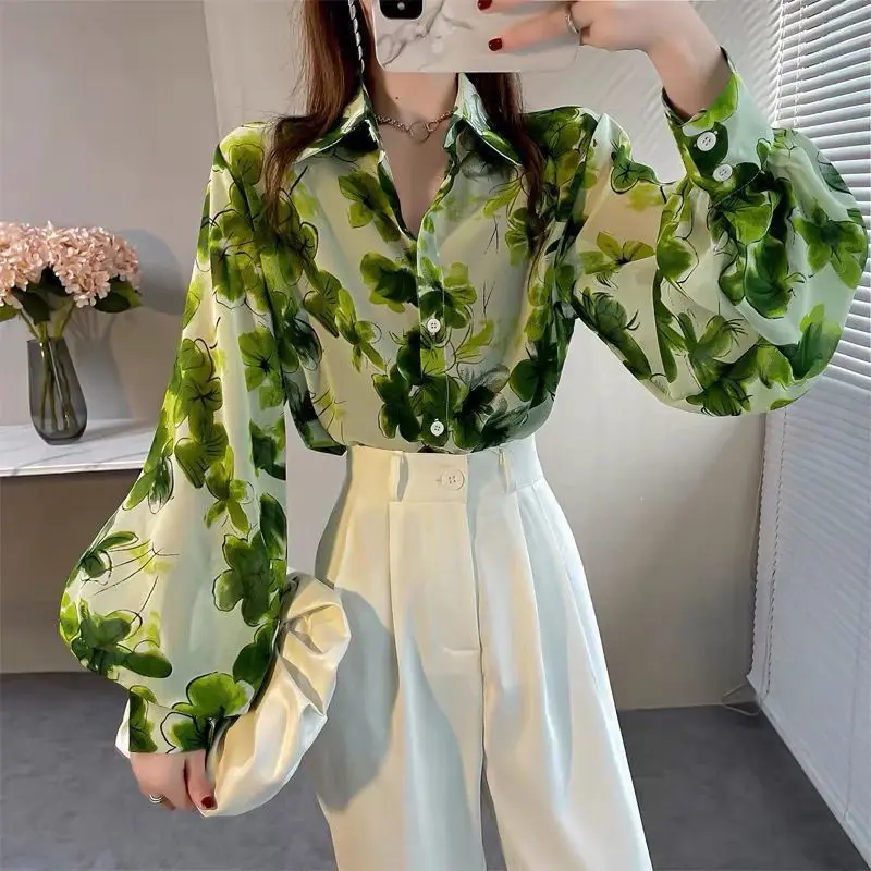 Top Trends: Women's Spring And Autumn New Fashion POLO Collar Print Button Casual Versatile Lantern Sleeve Loose Chiffon Shirt Cardigan Tops Shoppable Styles