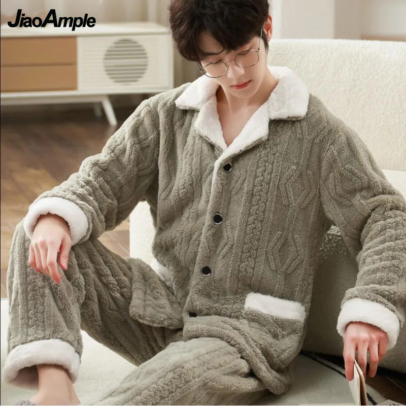 Top Trends: Men's Winter Warm Pajamas 2022 New Loose Thickened Flannel Pyjamas Sleepwear Two-piece Set Korean Fashion Pijamas Homewear Suit Shoppable Styles - Image 5