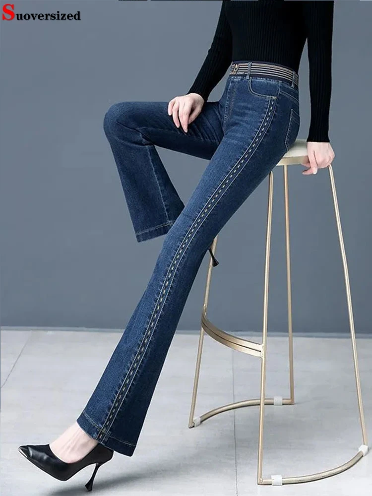 Top Trends: Vintage High Waist Flare Jeans Spring Denim Pants Printing Pantalones Femme Big Size 75kg Stretch Vaqueros Casual Skinny Hose Shoppable Styles