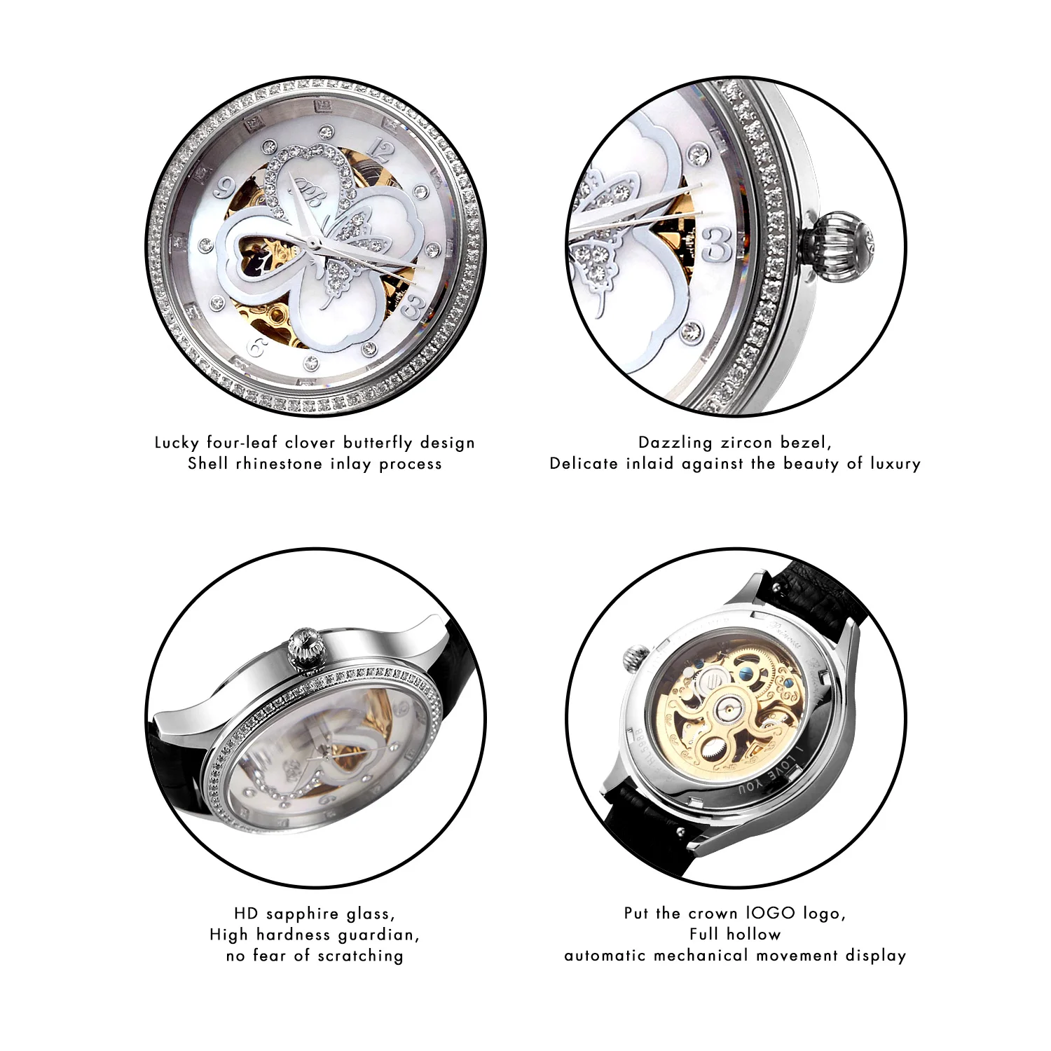 Top Trends: Mechanical Automatic Watch For Women Crystal Butterfly Four Leaf Clover Silver Hollow Dial Elegant Women Mechanical Wristwatches Shoppable Styles - Image 6