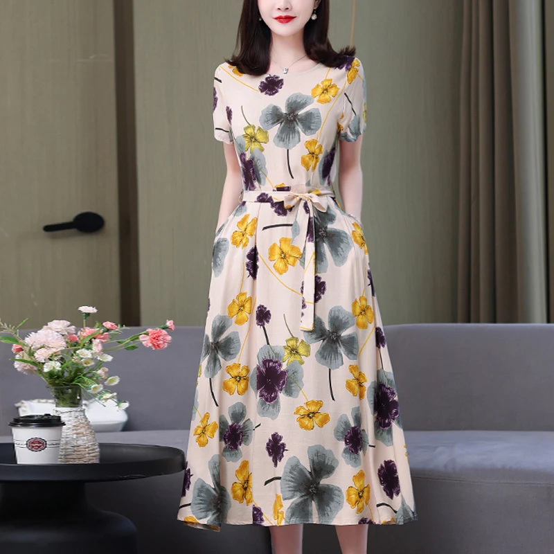 Top Trends: New Arrival Fashion 2023 Summer Dress Vestido Loose O-neck Casual Print Floral Cotton Linen Women Clothing Dresses Plus Size Shoppable Styles