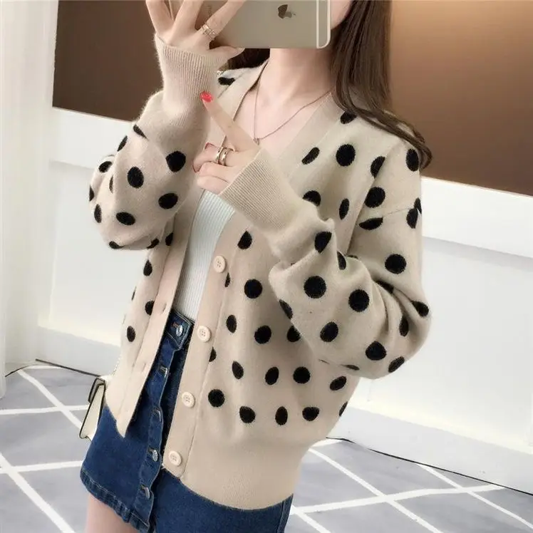 Top Trends: 2023 Autumn / Winter New Women's Polka Dot Fashion Knitwear Korean Version Slim Fit Sweater Academy Style Short Cardigan Coat Shoppable Styles - Image 4