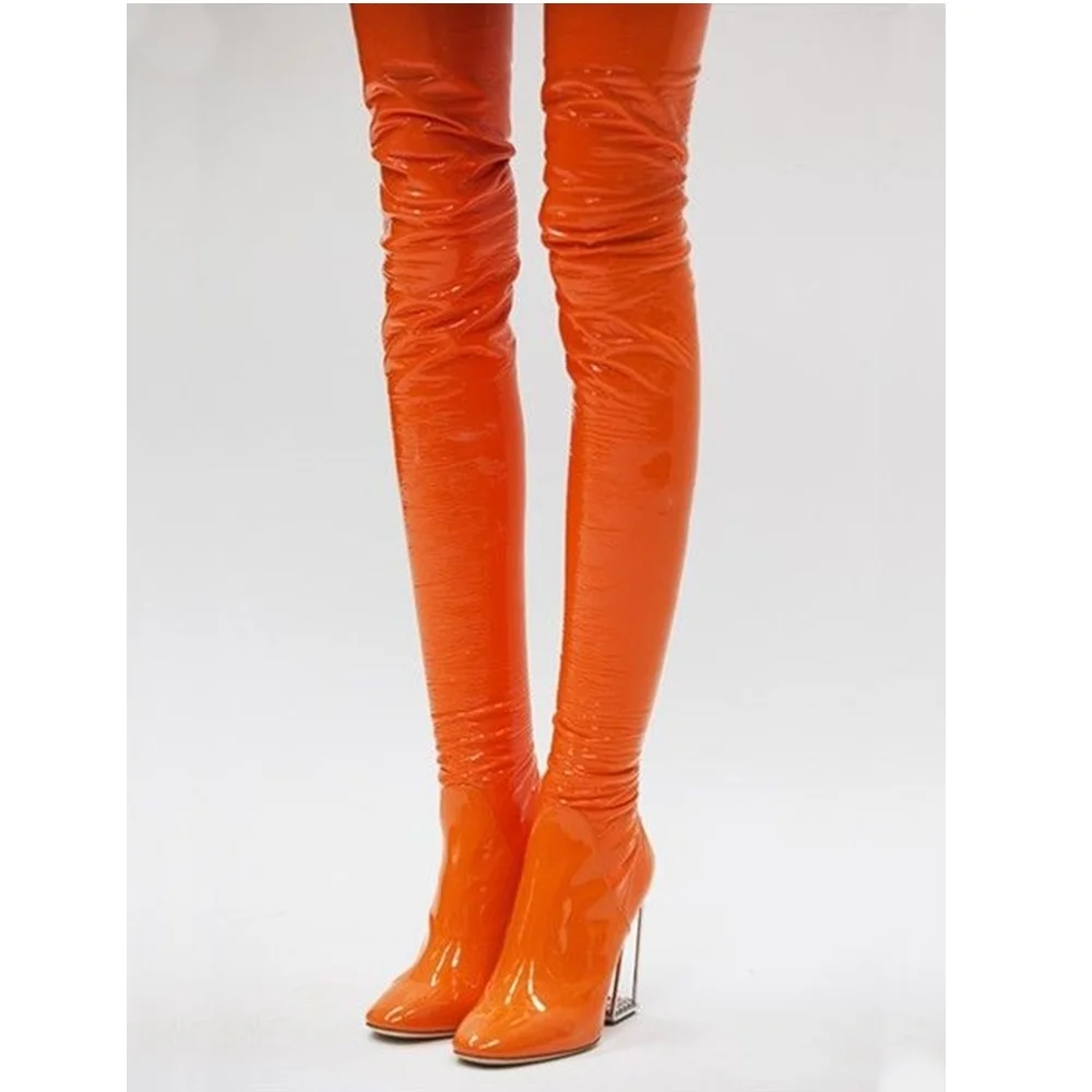 Top Trends: Transparent Chunky Slim Thigh High Boots Autumn Winter Fashion Show Boots Zipper Square Toe Over The Knee Patent Leather Shoes Shoppable Styles