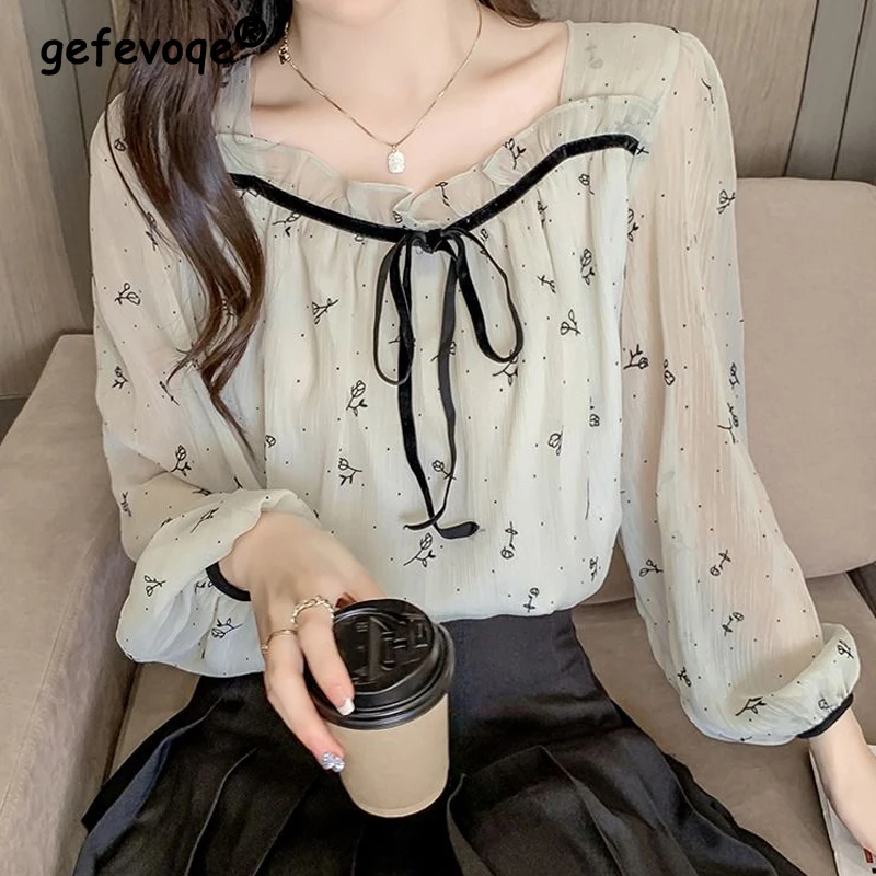 Top Trends: Women's Spring Autumn Korean Style Shirt Printed Long Sleeve Square Collar Temperament Loose Tops Elegant Bow Blouse Female 2022 Shoppable Styles