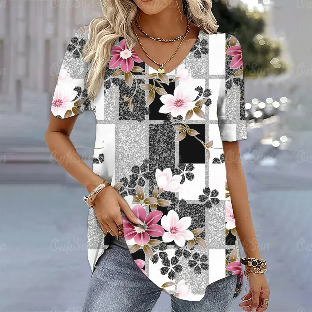 Top Trends: Y2k T-shirt For Women Floral Print V-Neck Short Sleeve Tops Summer Fashion Blouse Female Harajuku Clothes Oversized Daily Tees Shoppable Styles