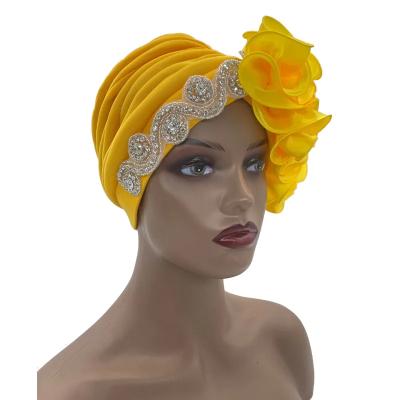 Top Trends: Women&#039;s Wrap Head Beanies Muslim Headscarf Bonnet African Headtie Rhinestones Turban Hat With Side Satin Ruffles 2022 New Shoppable Styles