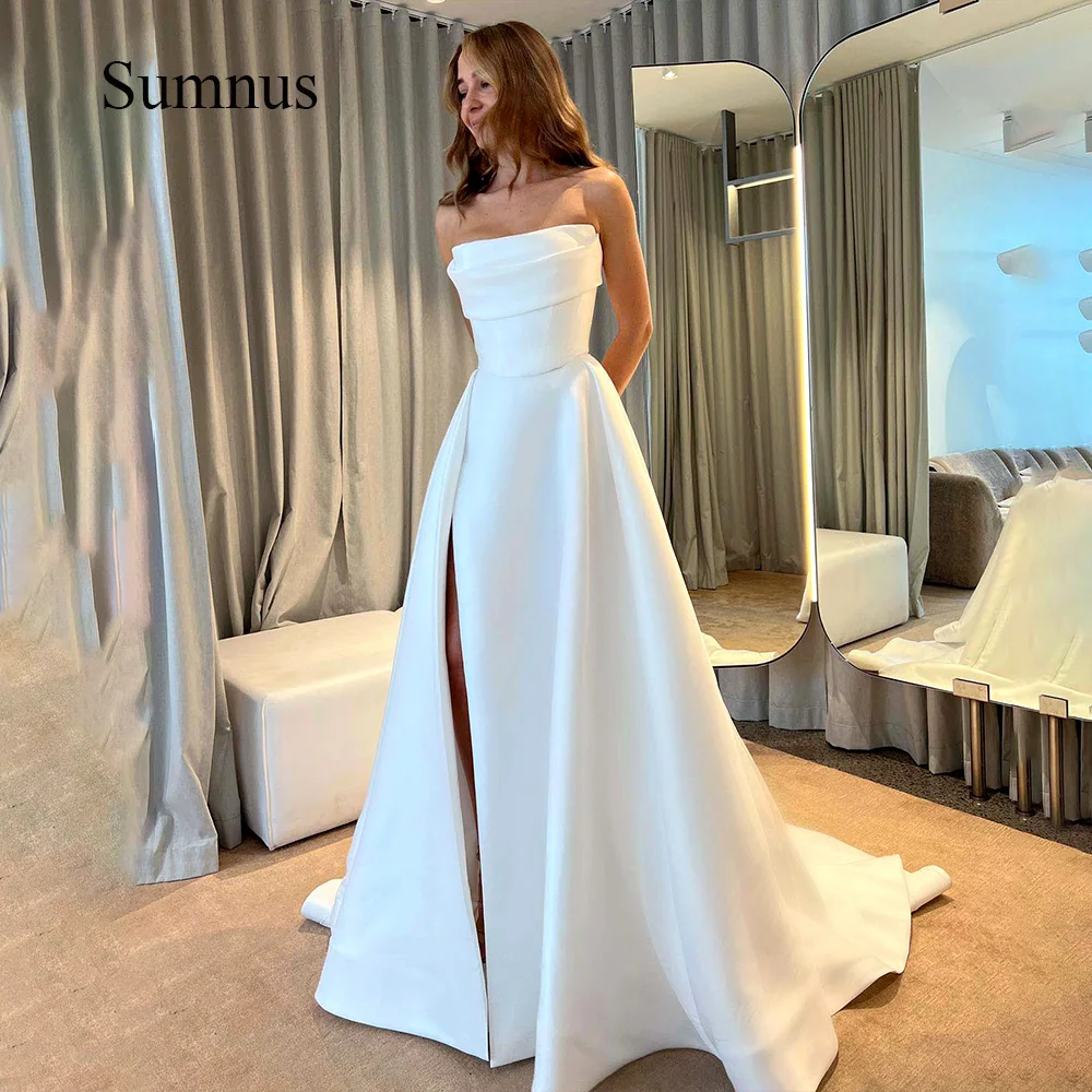 Top Trends: Sumnus White Satin A Line Wedding Dresses Strapless Hight Split Long Wedding Party Gowns With Train Simple Bride Dress 2024 Shoppable Styles