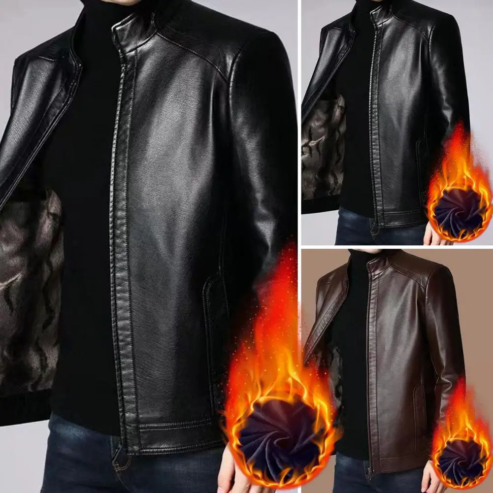 Top Trends: Men Faux Leather Coat Windproof Mid-aged Men's Faux Leather Jacket With Plush Heat Retention Stand Collar Zipper Closure Shoppable Styles - Image 6