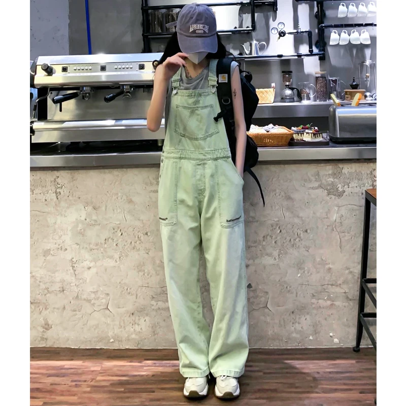 Top Trends: Winter Green Denim Overalls Pant For Women Y2k Streetwear Baggy Pocket Jeans Straight Bib Denim Rompers Trousers Korean Ladies Shoppable Styles