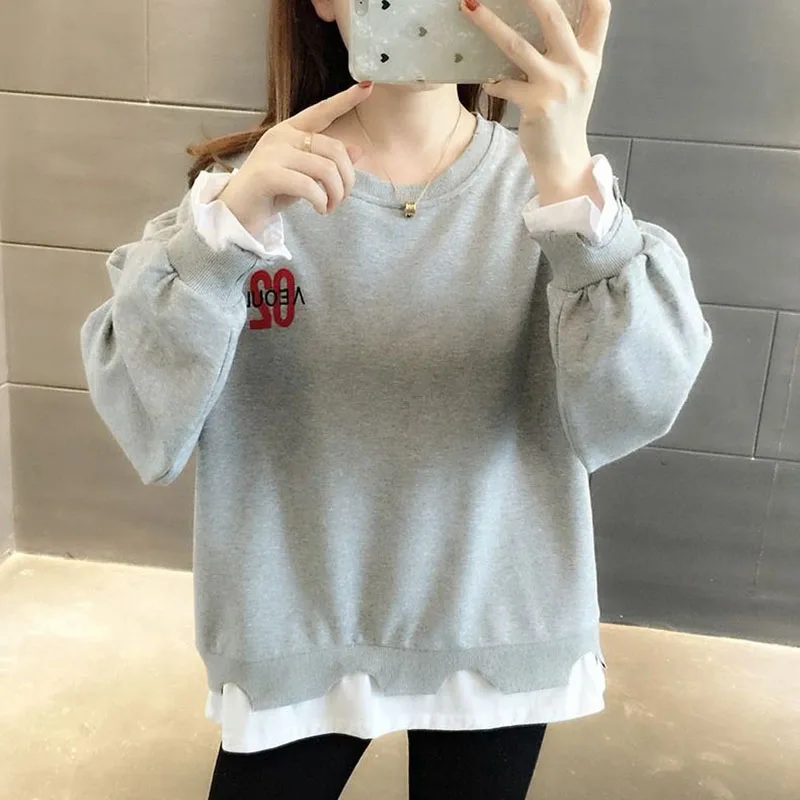 Top Trends: Fashion O-Neck Embroidery Fake Two Pieces T-Shirt Female Clothing 2023 Autumn Loose Commute Tops Casual Tee Shirt Shoppable Styles - Image 2