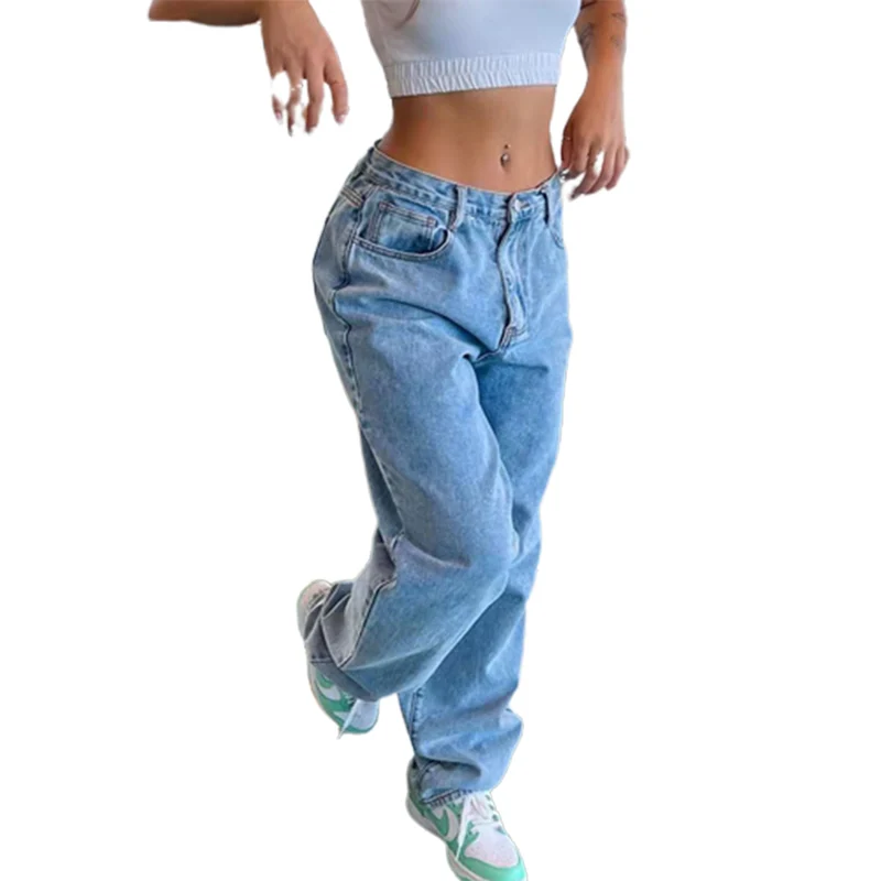 Top Trends: Women Loose Wide Leg Straight Jeans Vintage Streetwear Ladies Mid Waist Button Splicing Denim Pants Comfortable Casual Trousers Shoppable Styles