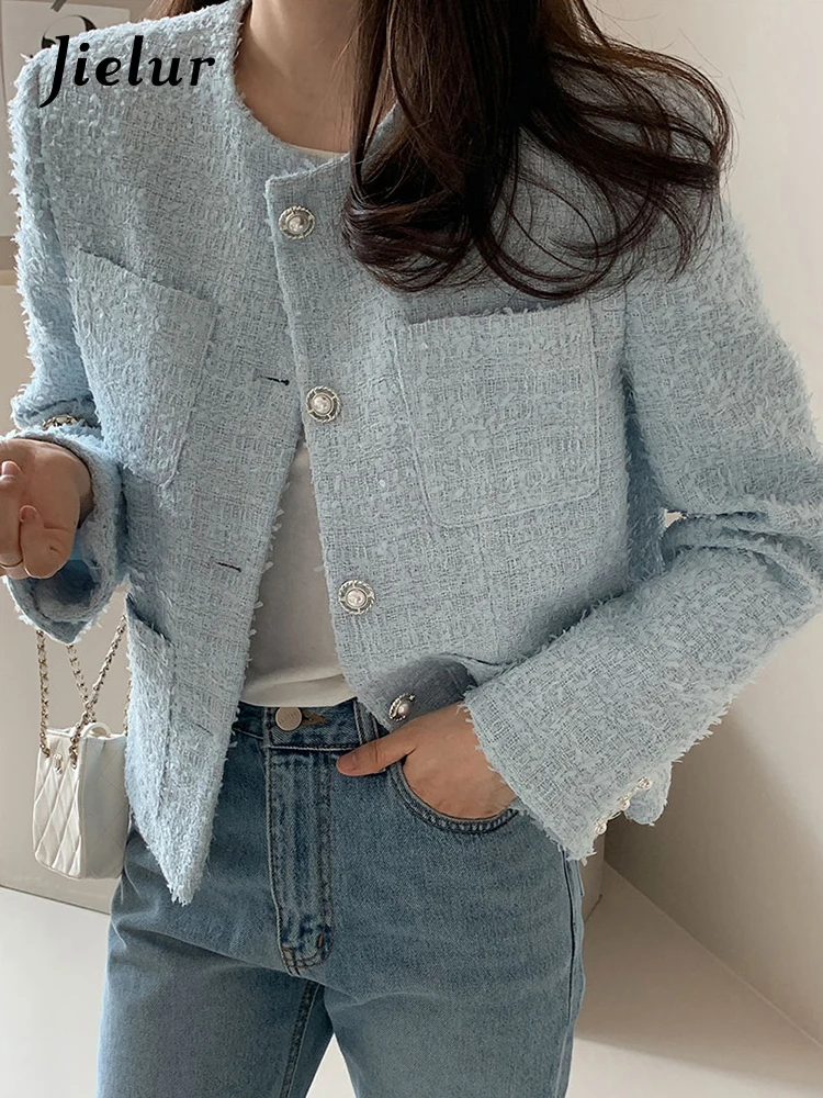 Top Trends: Jielur O-neck Blue Chic Casual Women's Jackets Korean Style Slim Single Breasted Fashion Solid Color Female Jacket Office Ladies Shoppable Styles