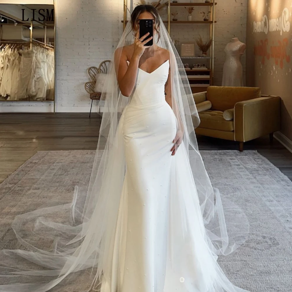 Top Trends: LISM Elegant Simple Wedding Dress With Free Headscarf Strapless Floor Length 2024 Luxury Long Bride Gown Custom Made Plus Size Shoppable Styles