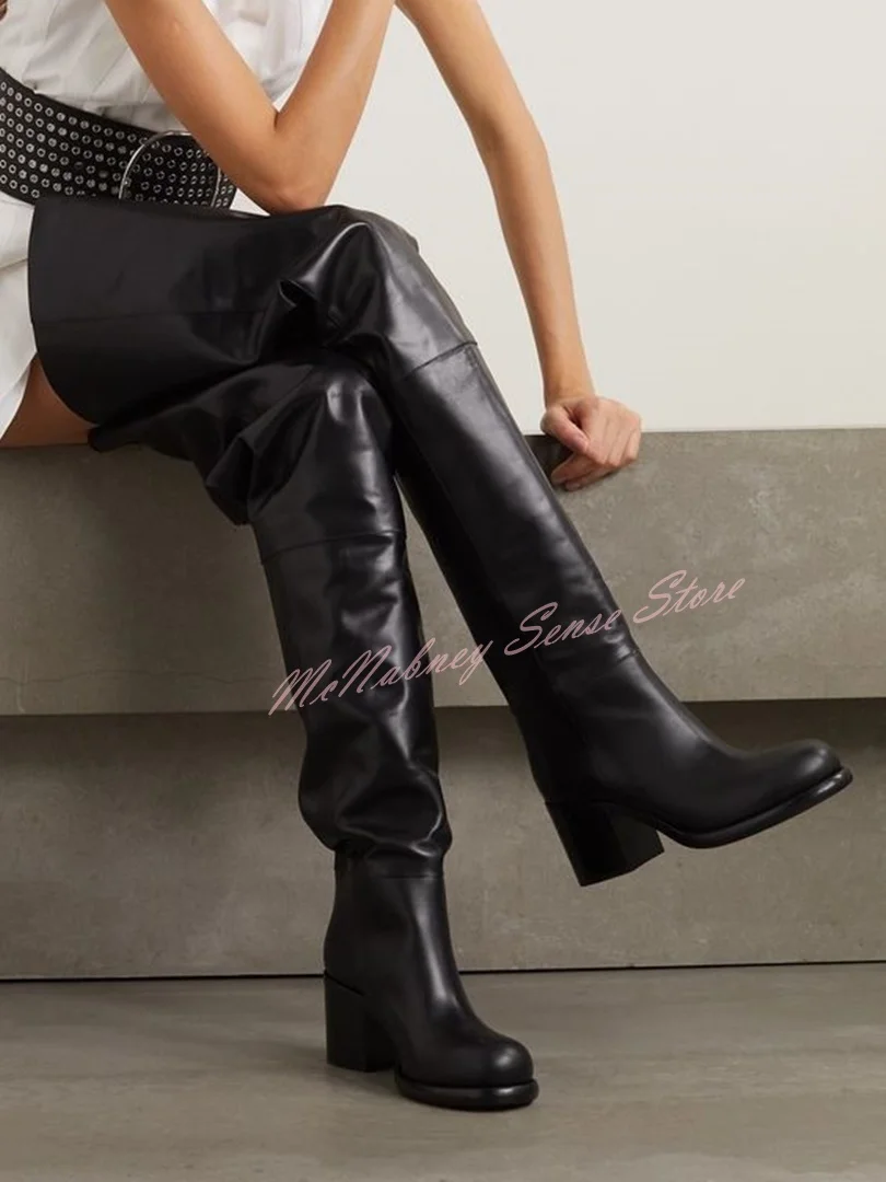 Top Trends: Cow Leather Thigh High Boots Round Toe Chunky High Heels Solid Slip On New Designer Long Boots Women Sexy Shoes Winter Party Shoppable Styles