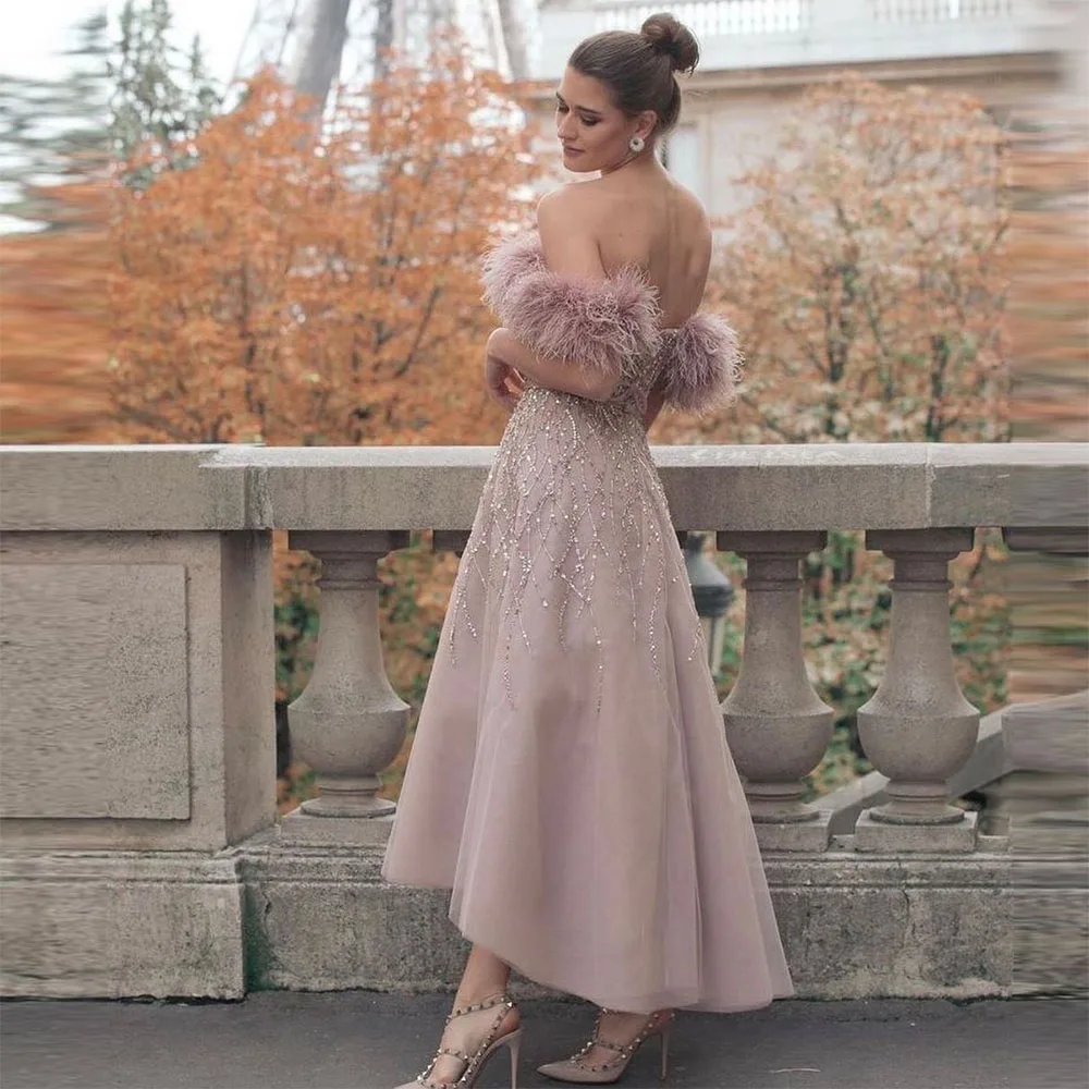 Top Trends: Xijun Dubai Pink Feathers Crystal Beading Sequined Evening Dresses Off Shoulder A-Line Saudi Arabic Women Party Prom Gowns 2023 Shoppable Styles