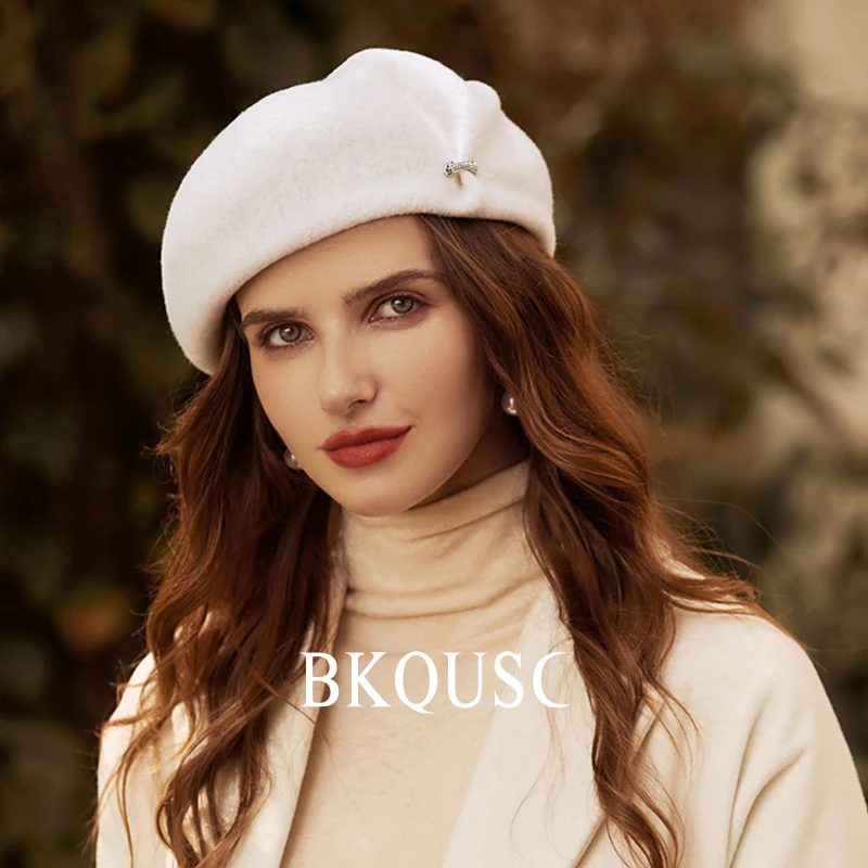 Top Trends: Women's Wool Beret Elegant Ladies British Vintage Painter Hat High Quality Woolen Solid Color Warm Felt Hat Berets Cashmere Caps Shoppable Styles