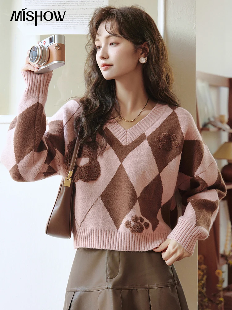 Top Trends: MISHOW Women&#039;s Knitted Sweaters 2023 Autumn Winter New V Neck Rhombus Plaid Casual Pullover Korean Inner Sweater Tops MXC51Z0221 Shoppable Styles