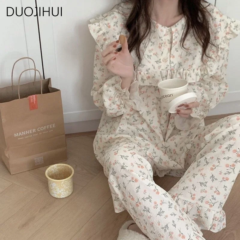 Top Trends: DUOJIHUI Two Piece Ins Autumn Chicly Floral Female Sleepwear Fashion Pullovers Simple Pant Sweet Casual Home Pajamas For Women Shoppable Styles