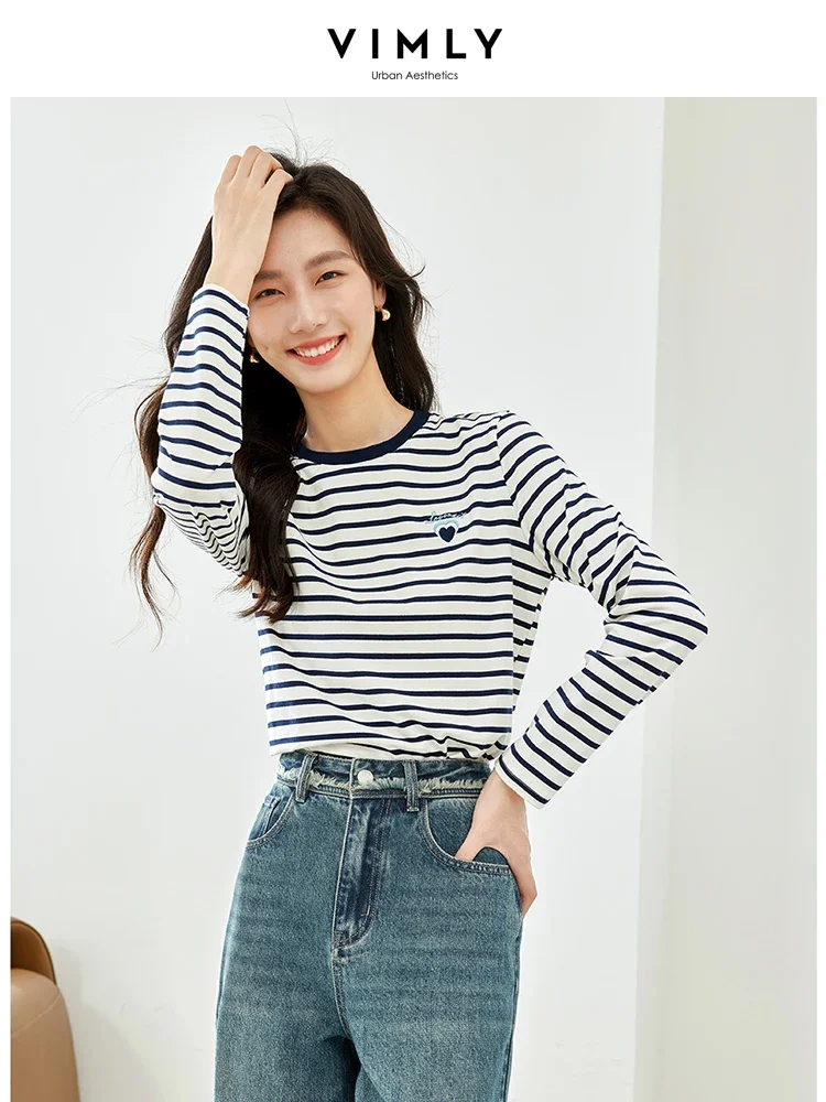 Top Trends: Vimly Cotton Blend Striped T-Shirt For Women 2024 Spring Autumn Long Sleeve Top Female Casual Pullover Tee Shirts Womans Clothes Shoppable Styles