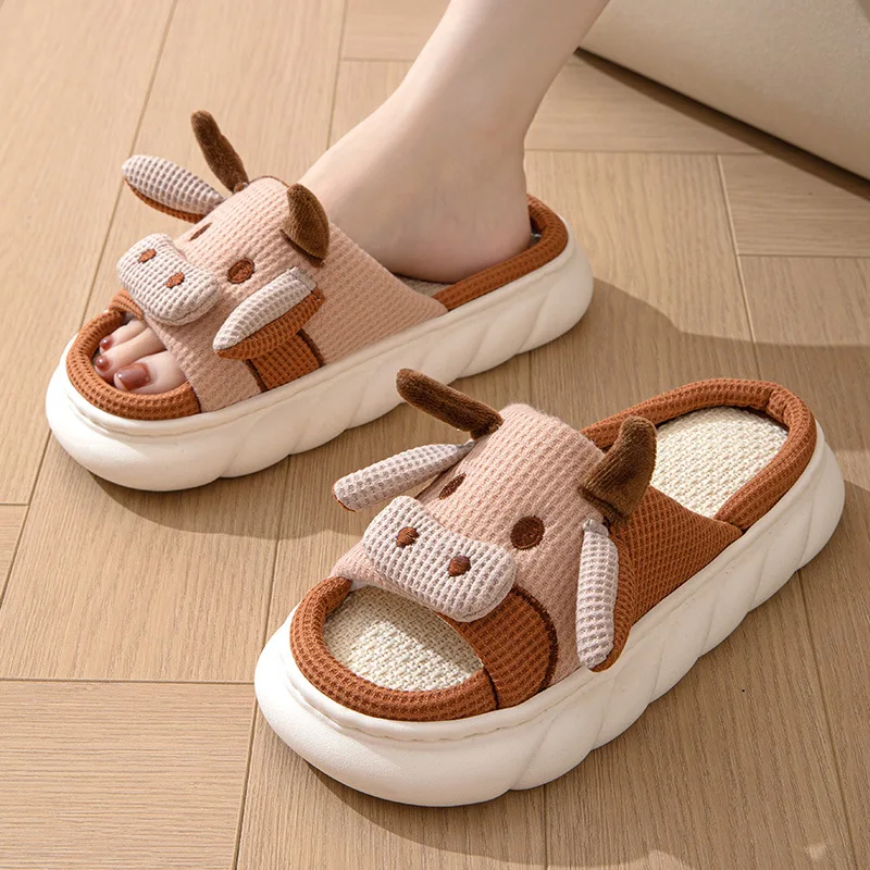 Top Trends: Comwarm Cute Cow Platform Slippers Women Four Seasons New Linen Women's Thick Sandals Home Cartoon Slides Soft Non-slip Shoes Shoppable Styles