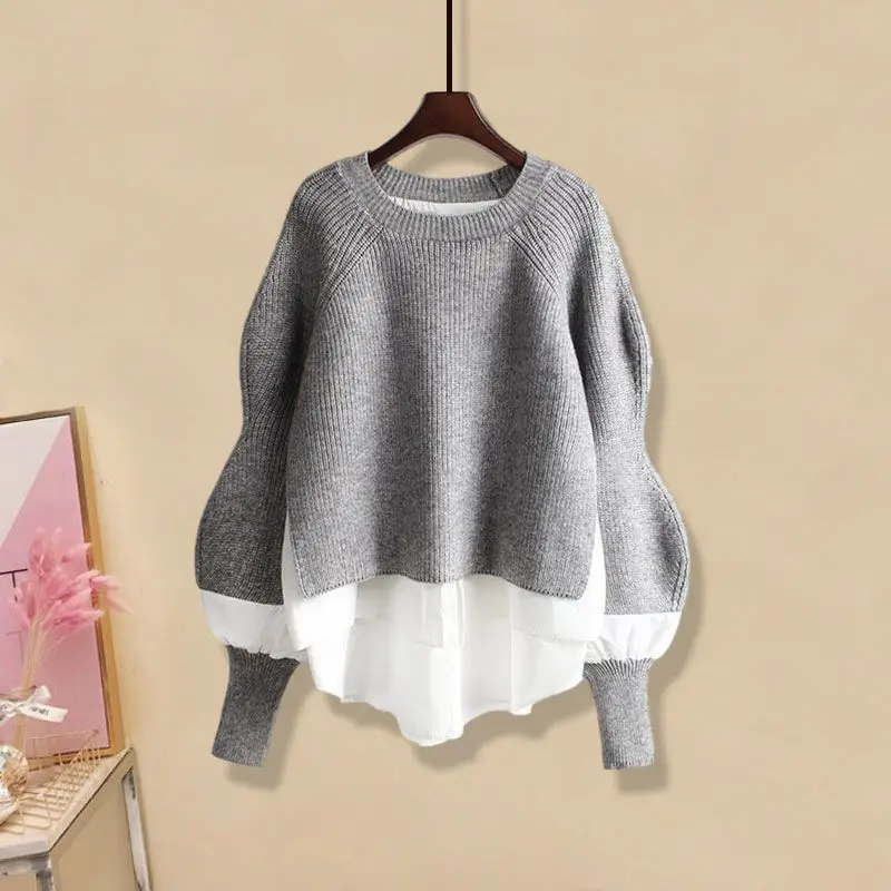 Top Trends: Fashion Solid Color Patchwork Knitted Jumpers Female Clothing Korean Loose Spring Autumn Casual All-match Long Sleeve Sweaters Shoppable Styles