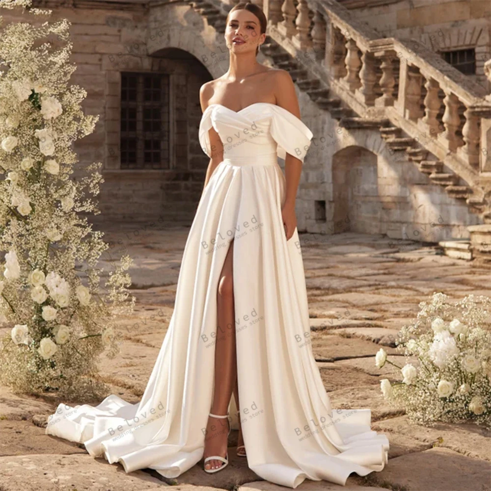 Top Trends: Vintage Wedding Dresses A-Line Bridal Gowns Off The Shoulder Satin Robes For Formal Party Sexy Robes High Slit Vestidos De Novia Shoppable Styles