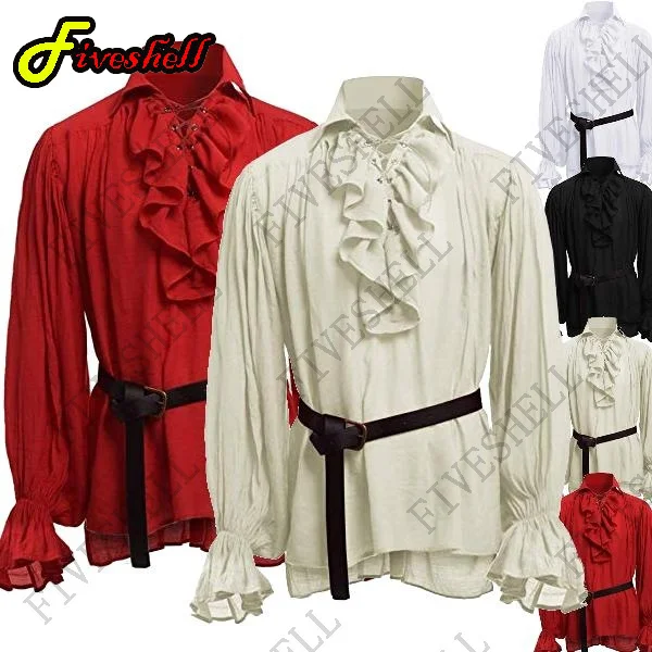 Top Trends: Christmas Mens Medieval Shirts Poet's Renaissance Cosplay Costume Pirate Captain Lace Up Ruffle Tops Sand Collar Shirt Shoppable Styles