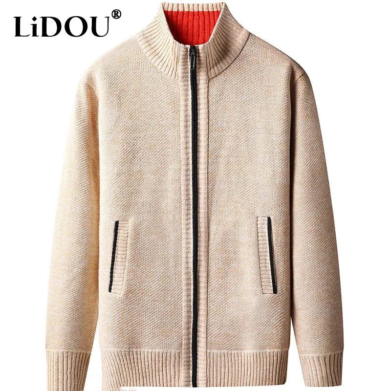 Top Trends: 2023 Autumn Winter New Solid Color Fashion V-neck Cardigan Man High Street Casual Zipper Pockets Plus Velvet Warm All-match Coat Shoppable Styles