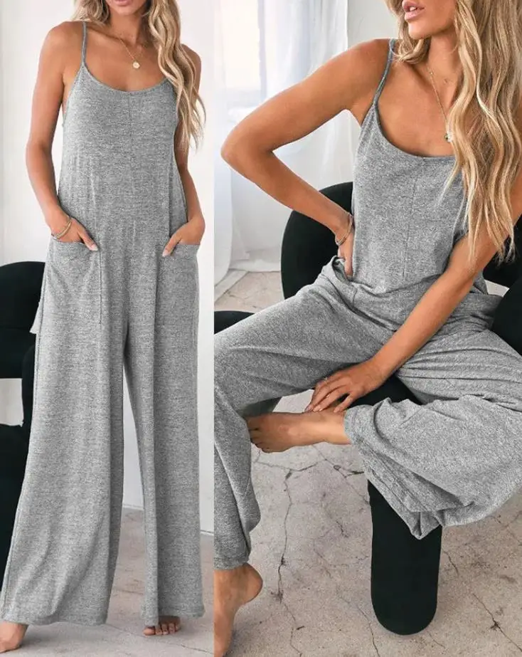 Top Trends: Jumpsuit For Women 2023 Fashion Grey Pocket Design Casual Home Daily Loose Spring Summer Female Wide Leg Jumpsuit Shoppable Styles