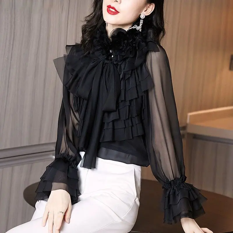 Top Trends: Elegant Bow Gauze Flare Sleeve Shirt Women's Clothing 2023 Spring New Commuter Tops Office Lady Ruffles Blouse Shoppable Styles