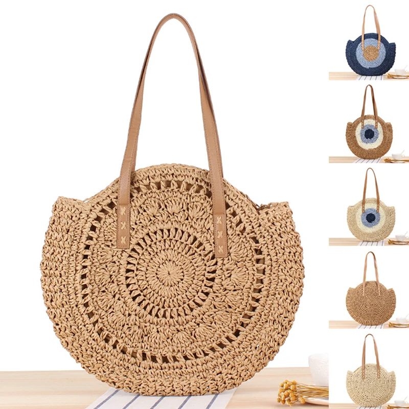 Top Trends: Round Straw Beach Bag Vintage Handmade Woven Shoulder Bag Classical Summer Vacation Casual Raffia Circle Rattan Bags Bohemian Shoppable Styles