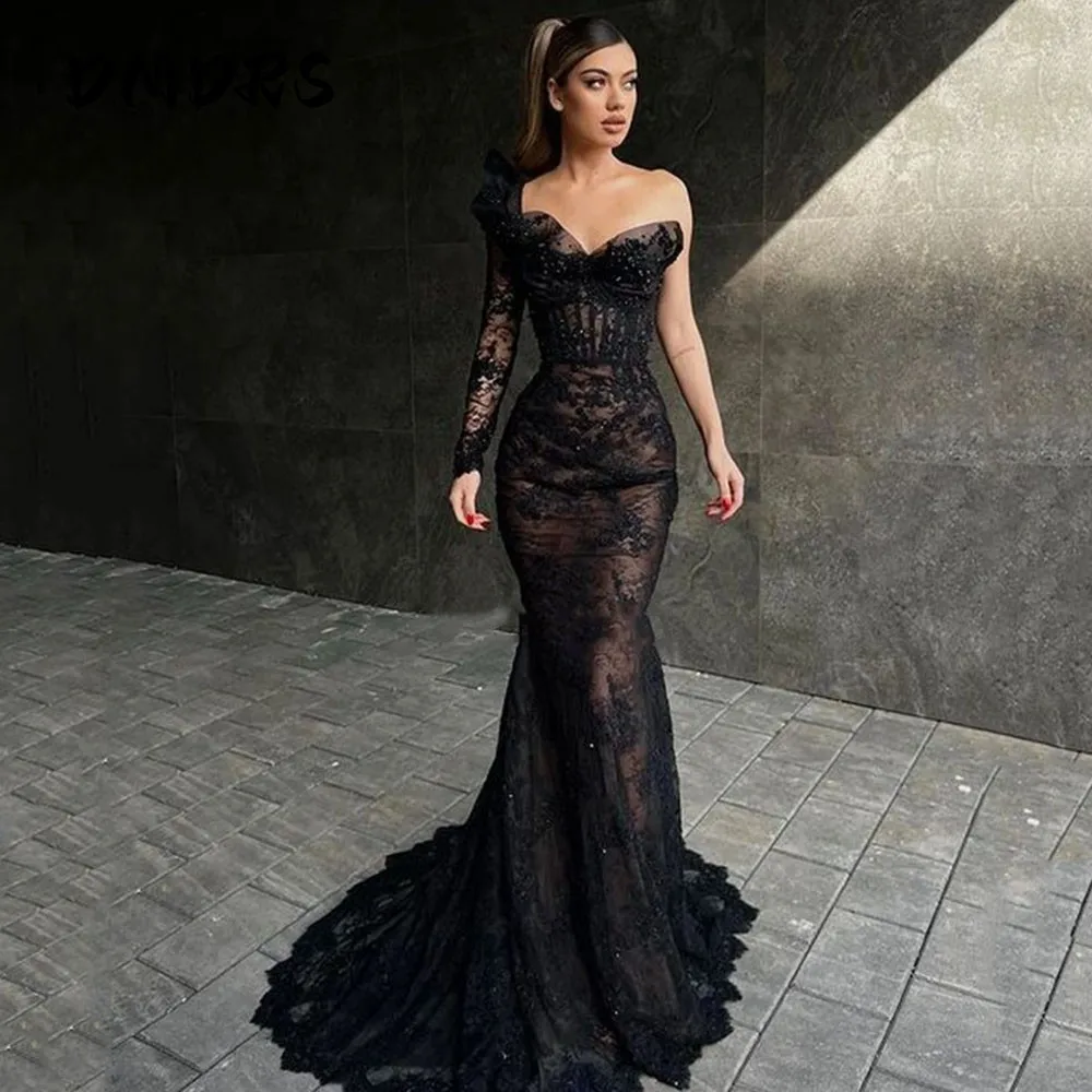 Top Trends: Elegant Long Black Mermaid Prom Dress One Sleeve Sweetheart Lace Evening Gowns Party Graduation Dresses Vestido De Noche Shoppable Styles