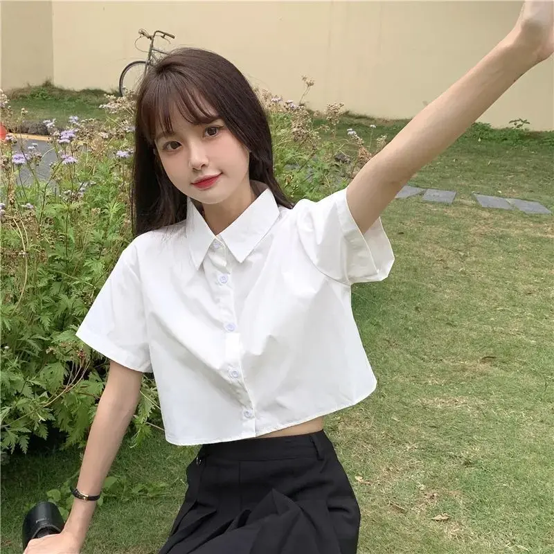 Top Trends: Korean Fashion White Shirt Woman 2023 Cute Crop Top Preppy Button Up Shirts Oversize With Tie Long / Short Sleeve Shoppable Styles