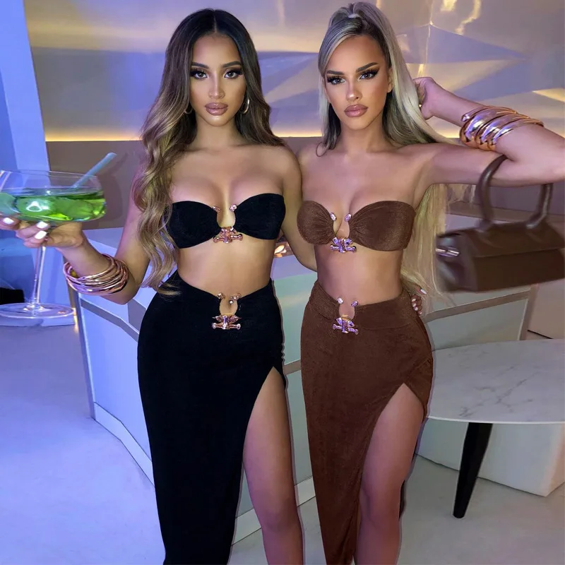 Top Trends: Summer Strapless Slim Dresses Set For Women Sexy Metal Chain Backless Bodycon Dress Side Split Ladies Party Night Long Dress New Shoppable Styles