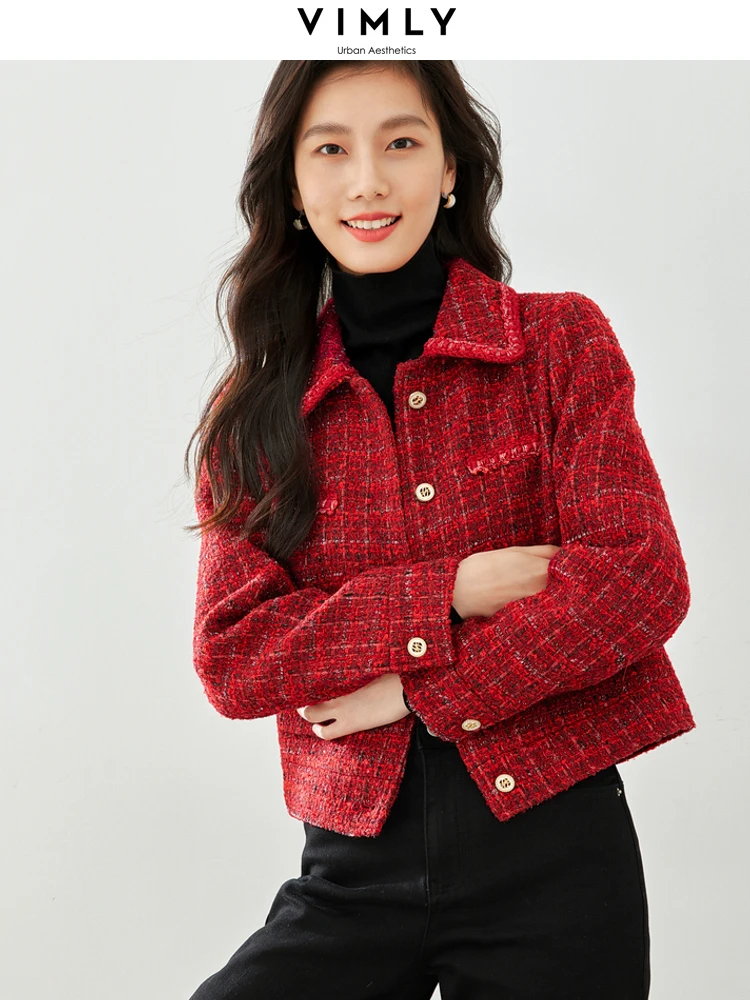 Top Trends: Vimly Winter Red Tweed Jackets For Women Office Lady 2023 Work Business Outerwear Long Sleeve Lapel Straight Short Coat M3309 Shoppable Styles