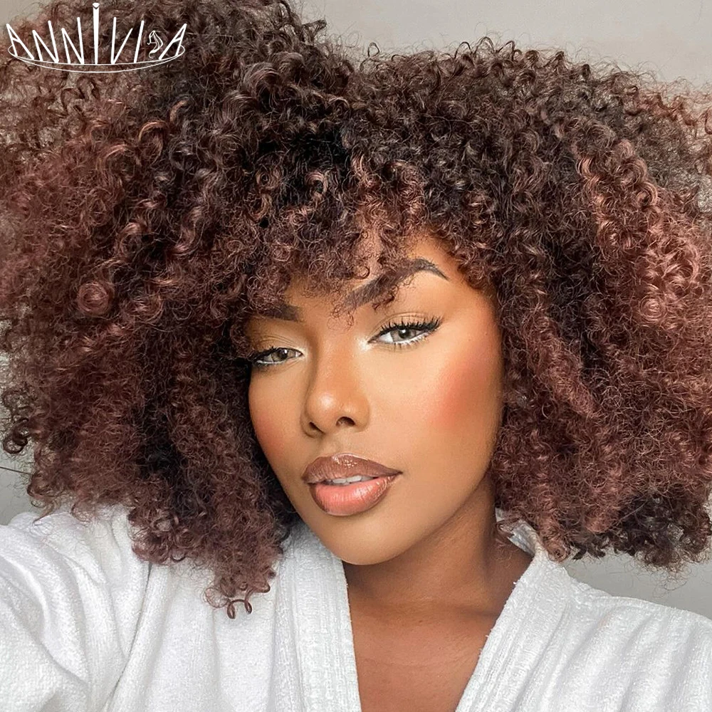 Top Trends: Short Curly Afro Wigs With Bangs Synthetic African Glueless Natural Brown Black Pink Curly Women's Wigs Shoppable Styles