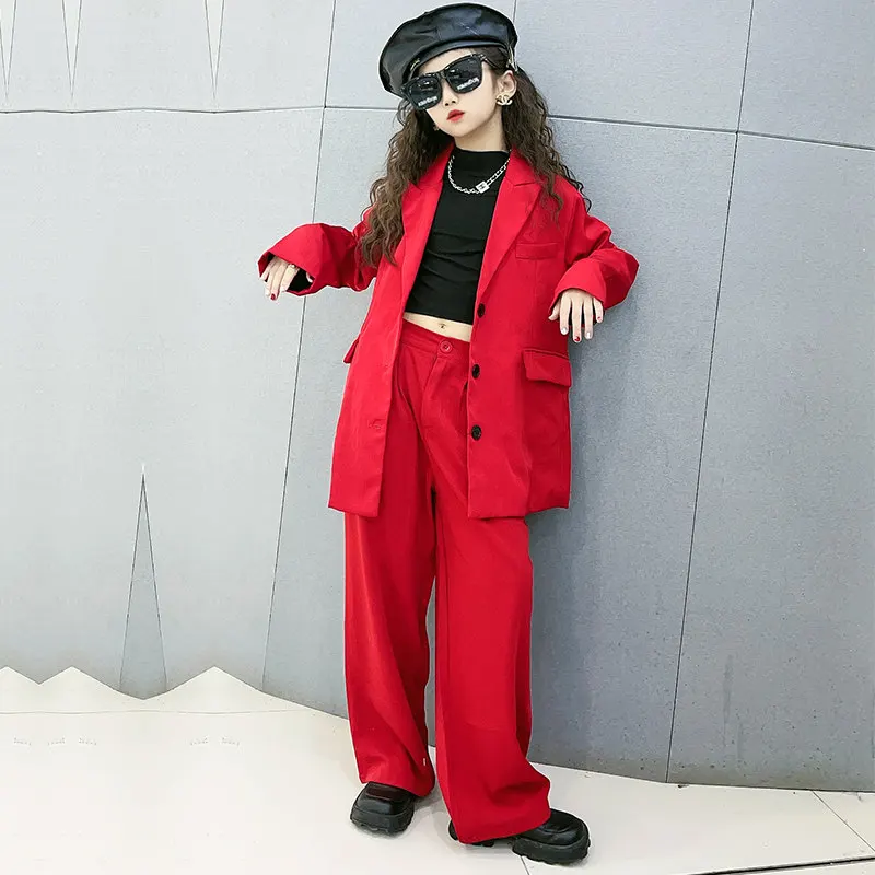 Top Trends: Girls Red Blazer Suits Clothing Sets Spring Autumn Kids Jackets+ Pants Fashion Loose Formal Teenager Casual Outfits 5-14Years Old Shoppable Styles