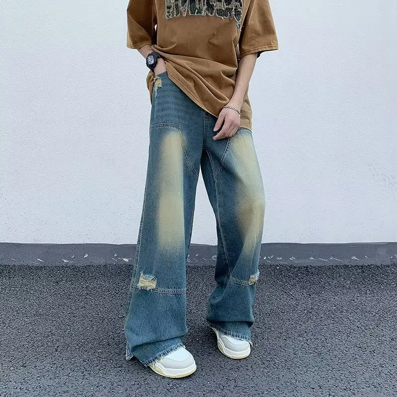 Top Trends: Blue Ripped Jeans Men Fashion Casual Baggy Wide Leg Jeans Mens Streetwear Vintage Hip Hop Hole Straight Denim Pants Men Trousers Shoppable Styles