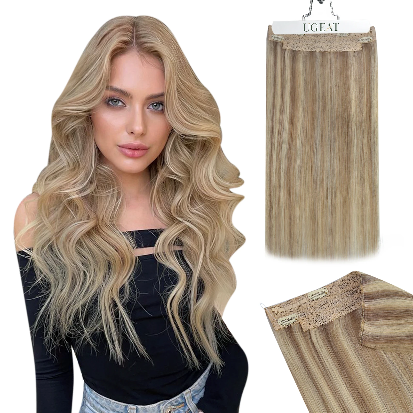 Top Trends: NEW Ugeat Fish Line Hair Extensions Human Hair Natural Blonde Invisible Wire Hair Extensions With 2 Pieces Clip In Human Hair Shoppable Styles