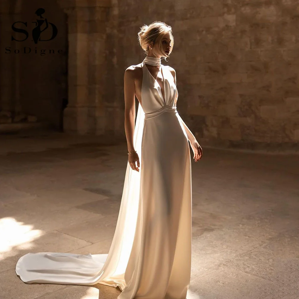 Top Trends: SoDigne Elastic Satin Bride Dresses 2024 V Neck Halter Beach Wedding Dress With Shawl Sleeveless Boho Bridal Gowns Shoppable Styles