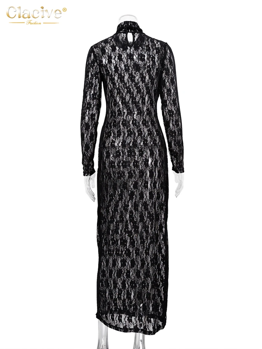 Top Trends: Clacive Sexy See Through Black Womens Dress Bodycon Turtleneck Long Sleeve Maxi Dress Female Fashion Slim Party Club Dresses Shoppable Styles - Image 6