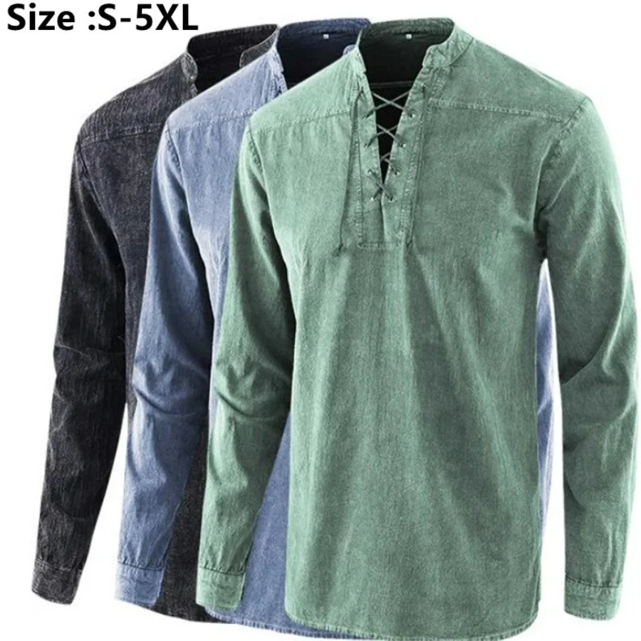 Top Trends: Plus Size 4XL 5XL Men's Casual Long Sleeve T-shirt Retro Solid Tshirt Medieval Lace Up V Neck Loose Soft T Shirt For Men Tops Shoppable Styles