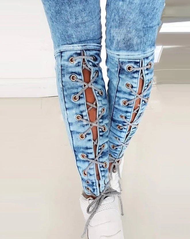 Top Trends: Women's Jeans 2023 Autumn Fashion Eyelet Lace-Up Casual High Waist Plain Skinny Daily Long Jeans Y2K Streetwear Women's Clothing Shoppable Styles - Image 3