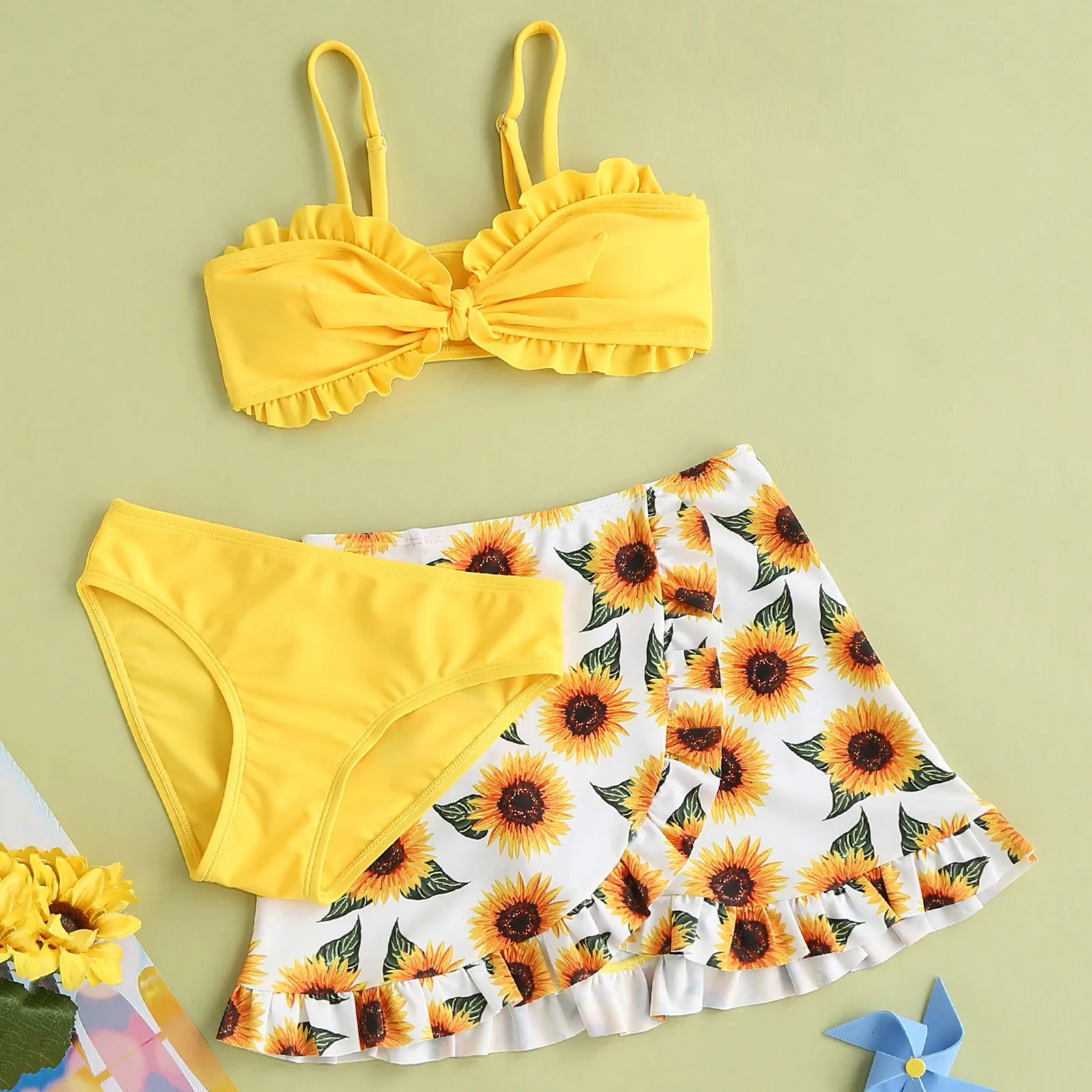 Top Trends: Girls Sunflower Print Cute Swimsuit Bikini 3 Piece Set Swimwear Infant Outfits Girls Swimwear Girls Frill Trim Swimsuit Beach Shoppable Styles