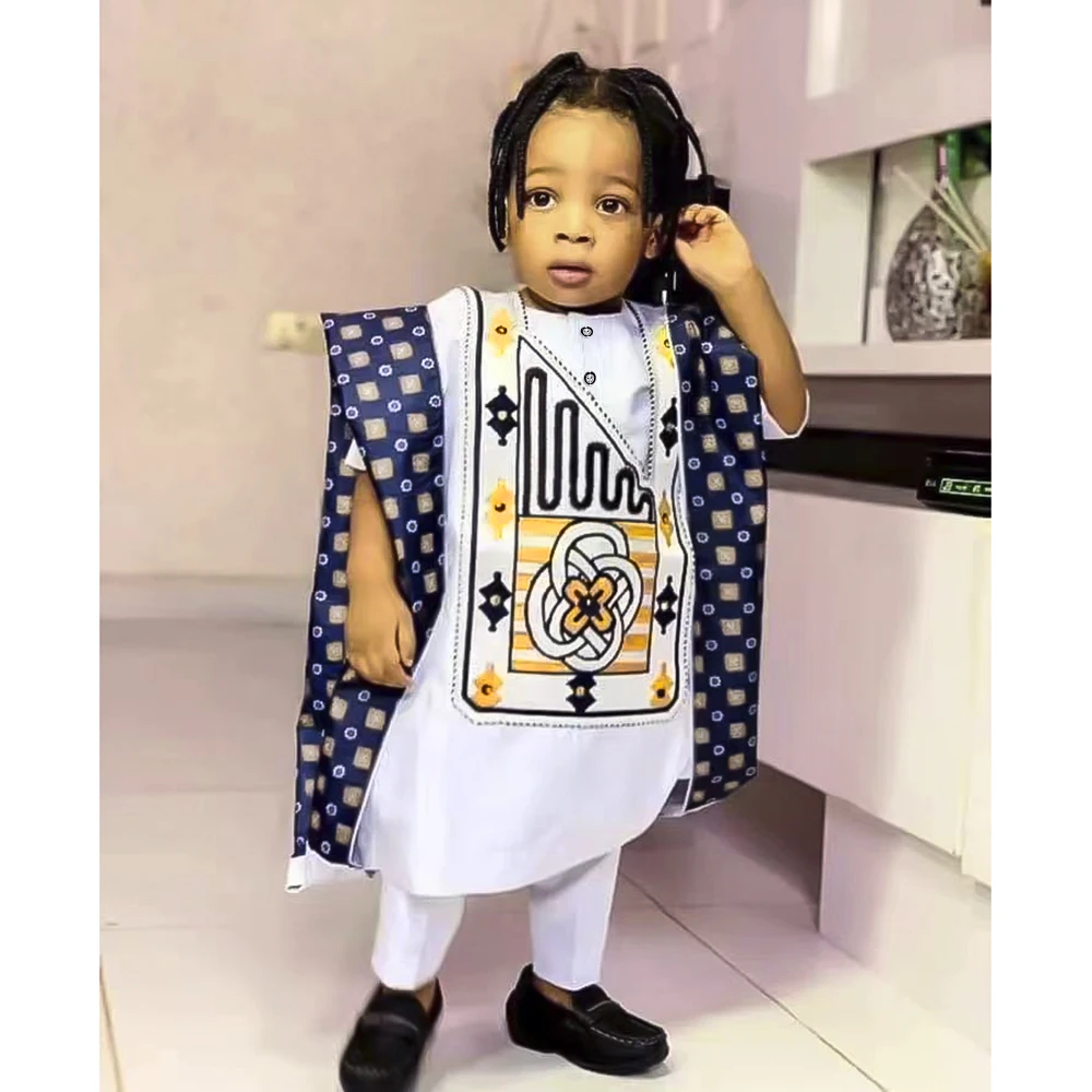 Top Trends: H&amp;D New African Tradition Clothes For Kids Boys White Long Sleeve Tops Embroidery Dashiki Robe Shirt Pant Child Set 3 PCS Shoppable Styles