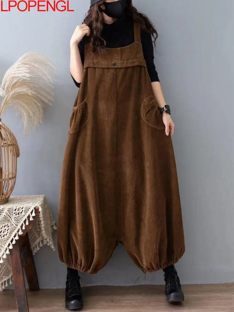 Top Trends: Autumn And Winter New Solid Color Corduroy Oversized Overalls Women's Loose Casual Bloomer Wide Leg Pants One-piece Pants Trend Shoppable Styles